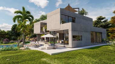 Bahçesi ve havuzu olan, çimentoyla kaplı, etkileyici, çağdaş bir villanın 3 boyutlu görüntüsü. 