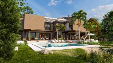 3 boyutlu, ahşap ve betondan yapılmış, etkileyici bir bahçe ve havuzu olan çağdaş bir villa.