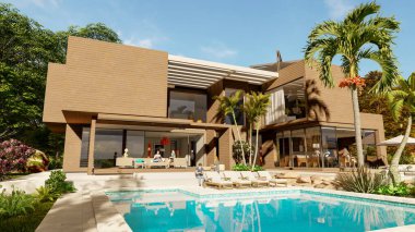 3 boyutlu, ahşap ve betondan yapılmış, etkileyici bir bahçe ve havuzu olan çağdaş bir villa.