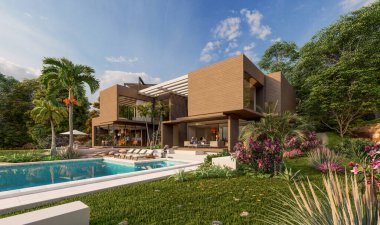 3 boyutlu, ahşap ve betondan yapılmış, etkileyici bir bahçe ve havuzu olan çağdaş bir villa.