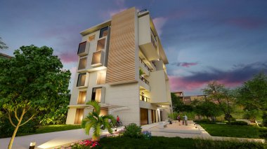 Alacakaranlıkta modern lüks bir konut binasının 3 boyutlu tasarımı