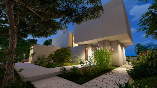 夕暮れ時に緑豊かな庭園と印象的な現代的なヴィラの3Dレンダリング — ストック写真