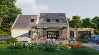 Verandalı ve güneş panelli geleneksel bir şekilde yeni bir evin 3 boyutlu canlandırması
