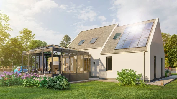 Representación Una Casa Nueva Estilo Tradicional Con Veranda Paneles Solares —  Fotos de Stock