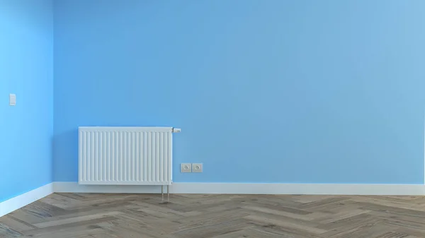 Rendering Eines Leeren Raumes Mit Parkettboden Blauer Wand Heizkörper Stecker — Stockfoto