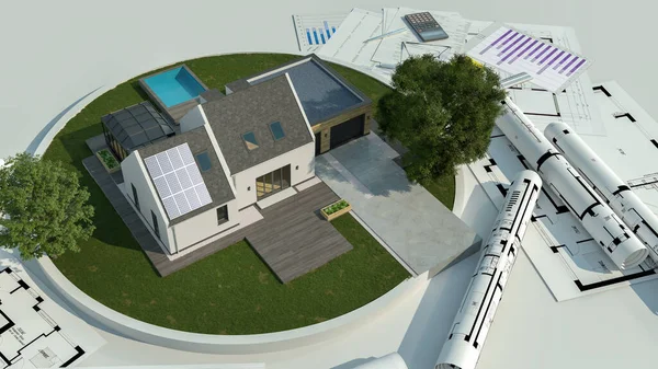 Rendering Van Een Woningbouwproject Inclusief Blauwdrukken Hypotheek Het Eigenlijke Huis — Stockfoto