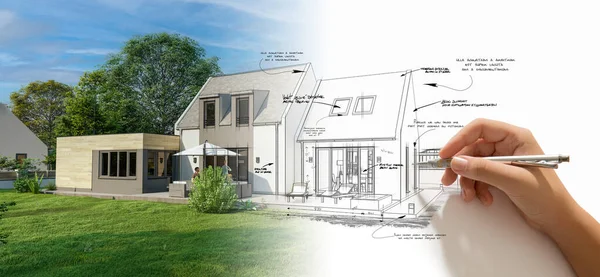 3D rendering  of the architecture design process from hand draft to project realization