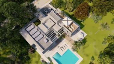 Güneş enerjisiyle çalışan lüks ve modern bir malikanenin 3 boyutlu animasyonu.