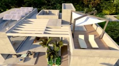 Güneş enerjisiyle çalışan lüks ve modern bir malikanenin 3 boyutlu animasyonu.