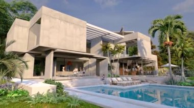 Bahçesi ve havuzu olan etkileyici çağdaş bir villanın 3 boyutlu animasyonu