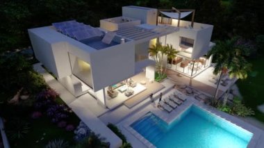 Akşamları sürdürülebilir modern bir malikanenin 3 boyutlu animasyonu, hava manzarası