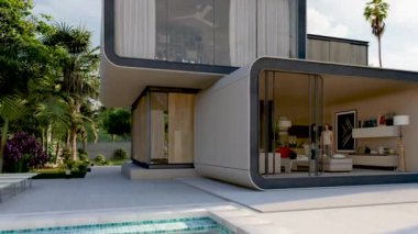 Havuzu ve bahçesi olan modern bir evin 3 boyutlu animasyonu 