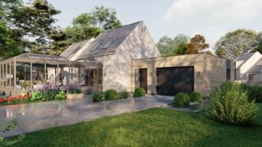 Geleneksel tarzda bahçe ve yüzme havuzlu bir aile evinin 3 boyutlu animasyonu