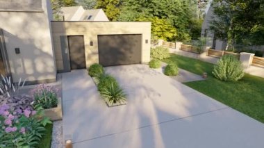 Geleneksel tarzda bahçe ve yüzme havuzlu bir aile evinin 3 boyutlu animasyonu