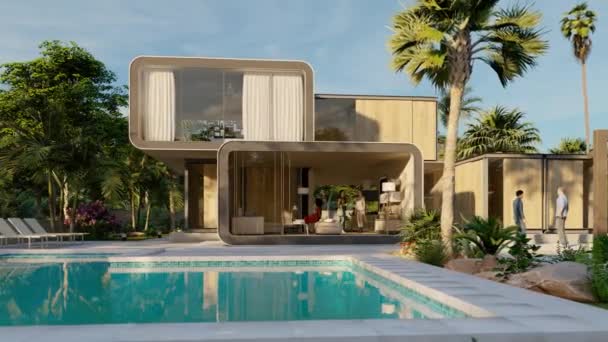 Animace Moderního Luxusního Modulárního Domu Bazénem Zahradou — Stock video