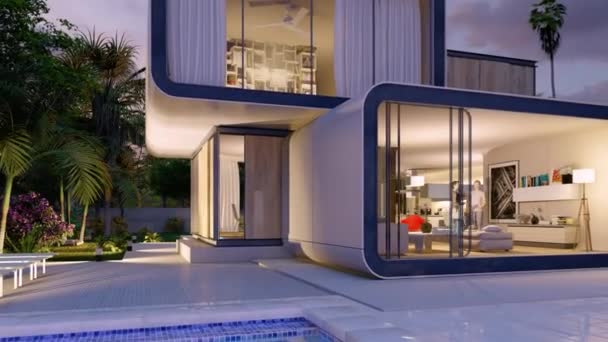 Animation Eines Modernen Luxuriösen Modularen Hauses Mit Pool Und Garten — Stockvideo