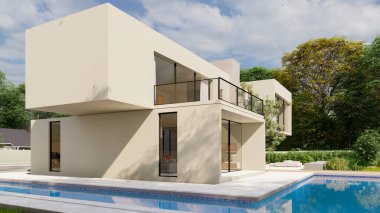 Etkileyici bahçesi ve havuzu olan büyük, çağdaş, beyaz bir villanın 3 boyutlu görüntüsü.