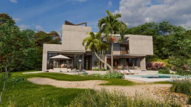 Bahçesi ve havuzu olan, çimentoyla kaplı, etkileyici, çağdaş bir villanın 3 boyutlu görüntüsü. 