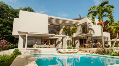 Bahçesi ve havuzu olan 3 boyutlu çağdaş bir villa. 