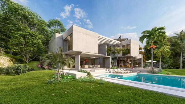 Rendering Impressive Contemporary Villa Exposed Cement Garden Pool — стоковое фото