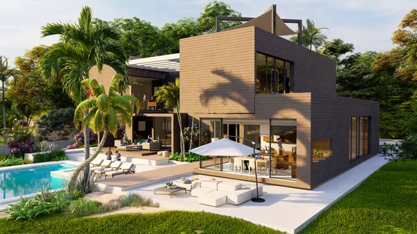 Rendering Big Contemporary Villa Wood Concrete Impressive Garden Pool — стоковое фото