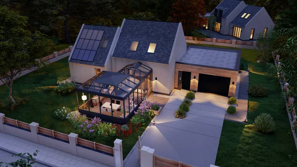 Rendering New House Veranda Traditional Style Dusk — Stock Photo, Image