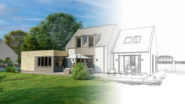 3D rendering of a house from draft stage to final rendering