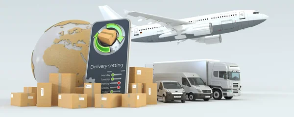 3D rendering of the world surrounded by packages, a vehicle fleet, an airplane and a Smartphone with a transportation app