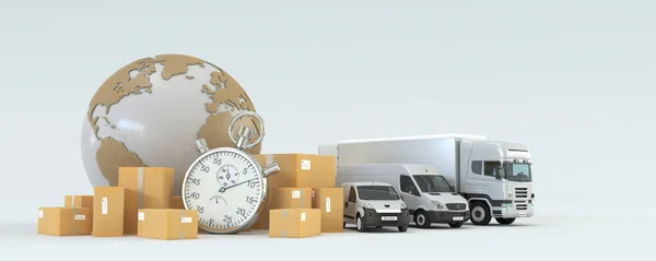 Weergave Van Een Wereldkaart Een Stapel Pakketten Een Busje Vrachtwagens — Stockfoto