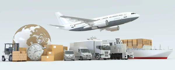 三维绘制世界地图 一堆包裹和叉车 面包车 货船和飞机 — 图库照片