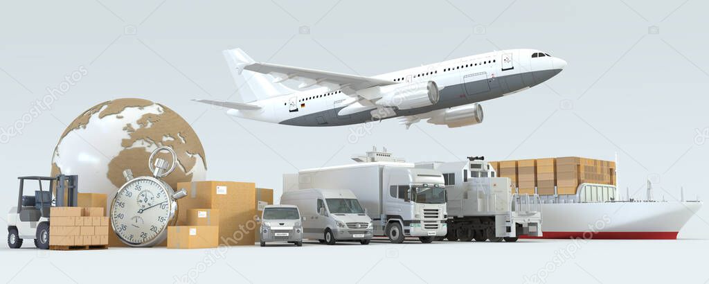 3D rendering of a world map, a pile of packages and a forklift, a van, a truck a train, a cargo container ship and an airplane