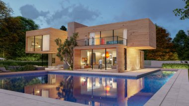 Akşamları bahçeli ve havuzlu, açık ahşap bir konağın 3 boyutlu görüntüsü.