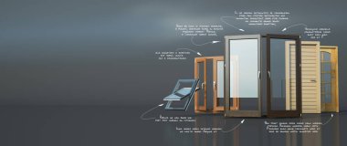 El yazısıyla yazılmış teknik notlarla çeşitli kapı ve pencerelerin 3 boyutlu görüntülenmesi