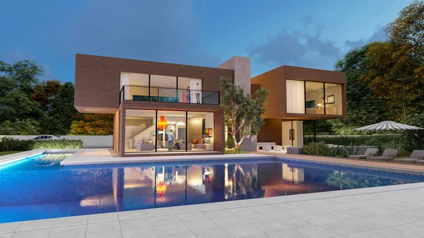 Rendering Big Contemporary Villa Dark Wood Impressive Garden Pool Evening — Stockfoto