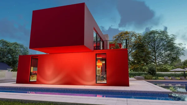 Rendering Stor Moderne Rød Villa Med Imponerende Have Pool Aftenen - Stock-foto