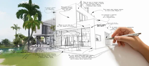 Representación Una Mano Garabateando Detalles Técnicos Proyecto Casa Lujo — Foto de Stock