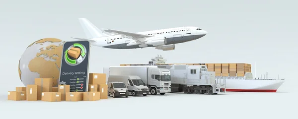 3D rendering of the world surrounded by packages, a vehicle fleet, a train, a ship, an airplane and a Smartphone with a transportation app