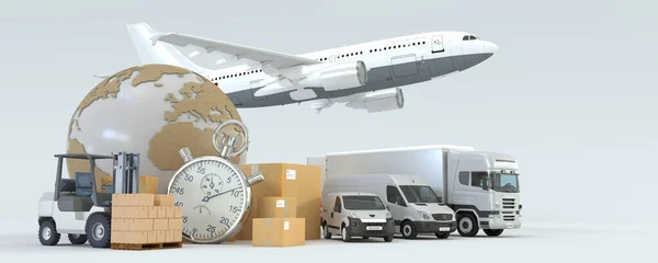 Rendering World Map Pile Packages Forklift Van Truck Airplane — Stock Photo, Image