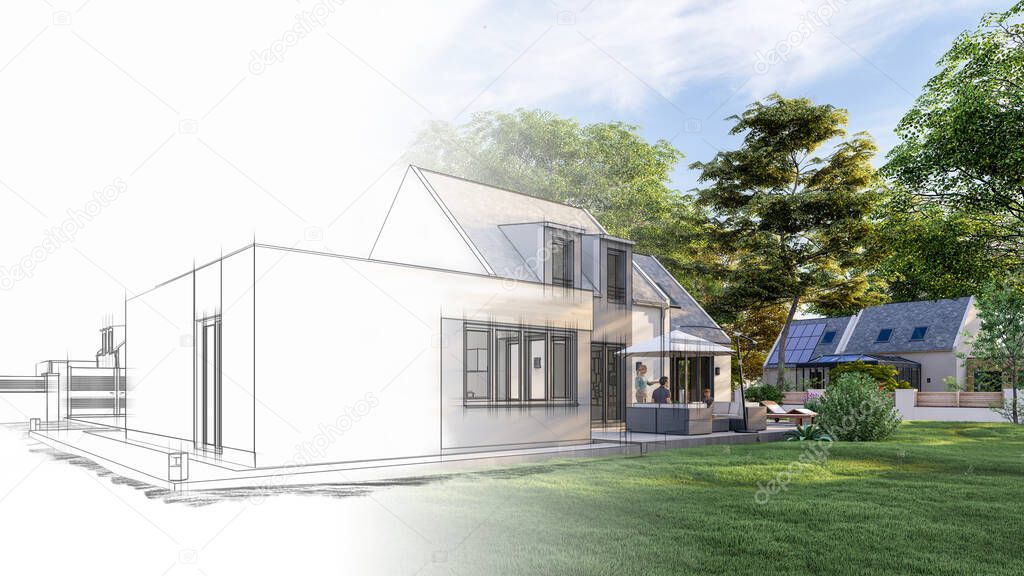 3D rendering of a house from draft stage to final rendering