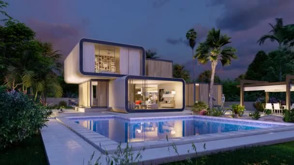 Rendering Una Lussuosa Casa Modulare Con Piscina Giardino Tramonto — Video Stock