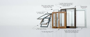 El yazısıyla hazırlanmış teknik kurulum detaylarına sahip üç boyutlu pencere sunumu