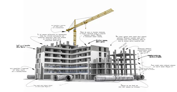 Renderização Edifício Construção Com Detalhes Técnicos Manuscritos — Fotografia de Stock