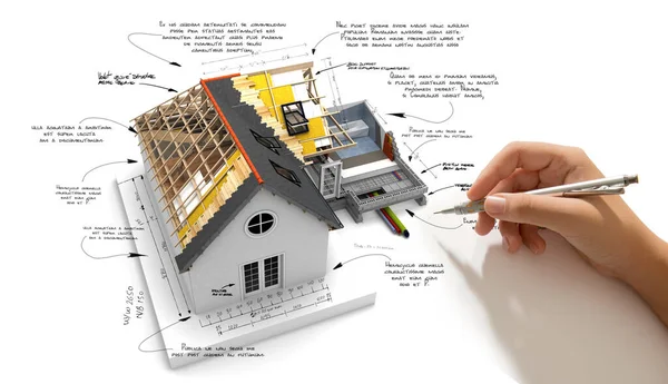 3D rendering of a house project with technical  construction requirements