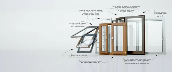Rendering Einer Auswahl Von Fenstern Mit Handschriftlichen Technischen Installationsdetails — Stockfoto