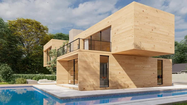 Representación Una Gran Villa Contemporánea Madera Clara Con Impresionante Jardín —  Fotos de Stock