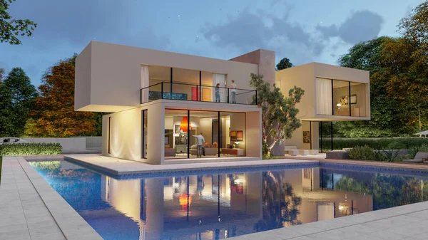 Rendering Big Contemporary White Villa Impressive Garden Pool Evening — Stockfoto
