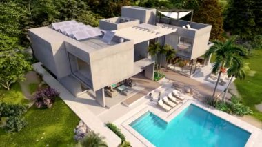 Güneş enerjisiyle çalışan lüks ve modern bir malikanenin 3 boyutlu animasyonu.