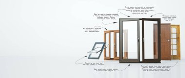 El yazısıyla yazılmış teknik notlarla çeşitli kapı ve pencerelerin 3 boyutlu görüntülenmesi