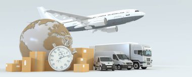 3 boyutlu bir dünya haritası, bir yığın paket, bir minibüs, bir kamyon ve bir uçak