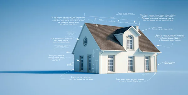 Rendering Classical House Blue Background Handwritten Technical Notations — Stock Photo, Image